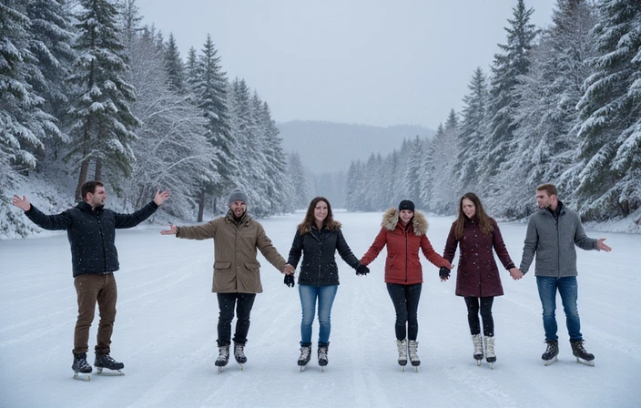 Group of friends ice skating on a frozen lake