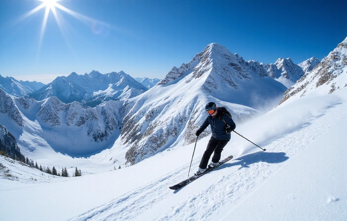 Skier on a snowy mountain with a clear blue sky