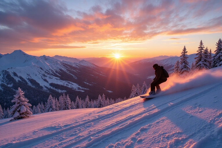 Snowy mountain landscape with a snowboarder