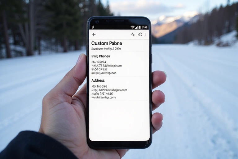 A hand holding a smartphone displaying contact information for customer support, with a subtle winter sports background.