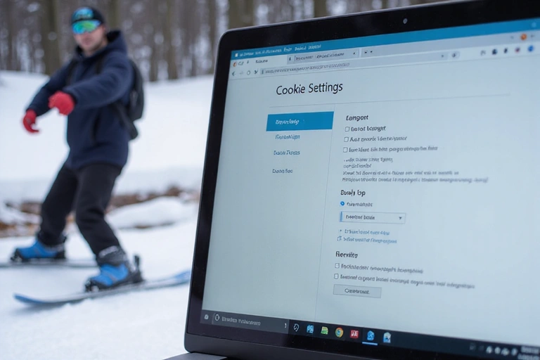 A close-up of a computer screen showing cookie settings, with blurred winter sports equipment in the background.