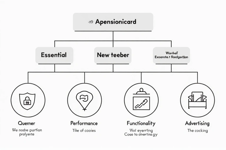 Diagram showing different types of cookies and their functions, with icons representing security, analytics, and personalization.