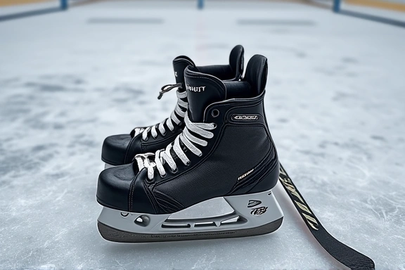 Hockey skates and stick on ice