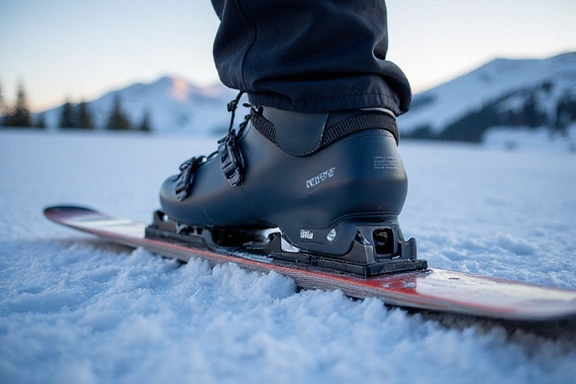 Ski boots and skis on snow