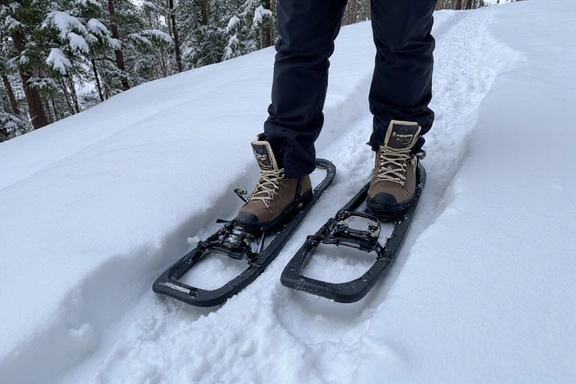 Snowshoes and hiking boots in snow