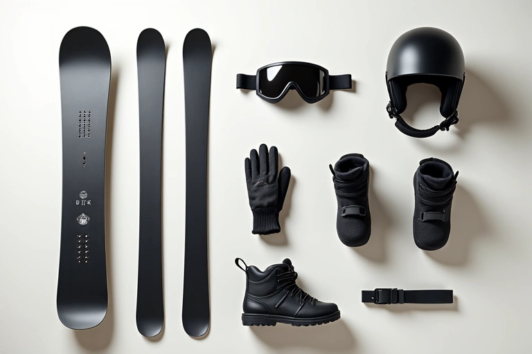 Various winter sports equipment laid out