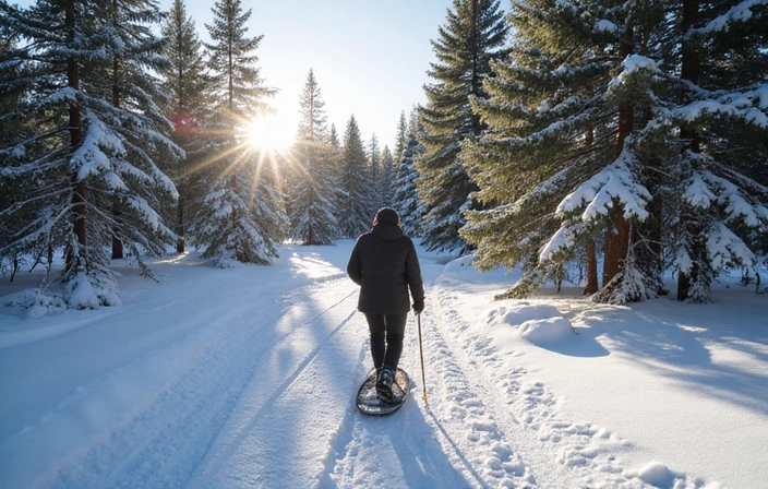 Person snowshoeing in a snowy forest