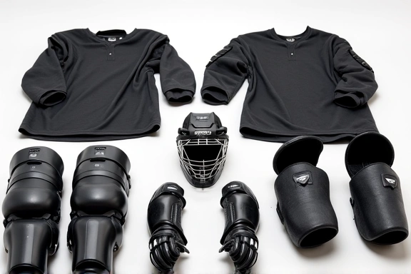 A collection of hockey protective gear including helmet, pads, and gloves.