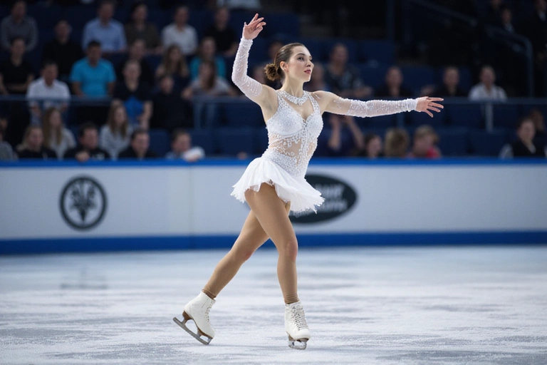 A figure skater performing a graceful spin on ice, surrounded by a blur of light and action.
