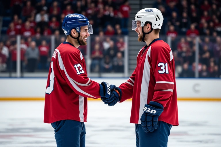Adult amateur hockey players shaking hands after a game.