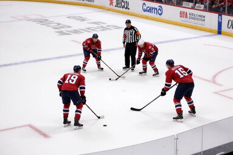 Hockey players in a face-off on the ice rink.