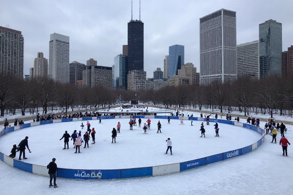 People ice skating on the Maggie Daley Park Ice Ribbon in Chicago.