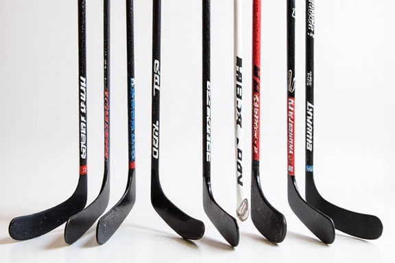 Various hockey sticks arranged vertically.