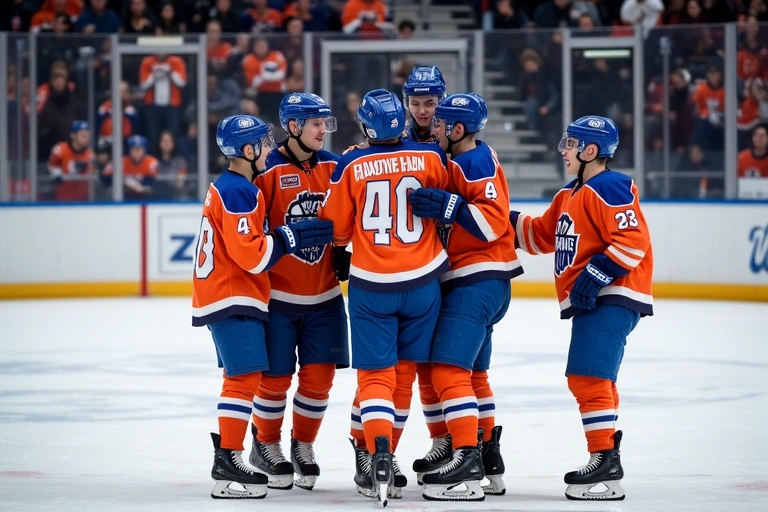 Youth hockey players celebrating a goal on the ice.