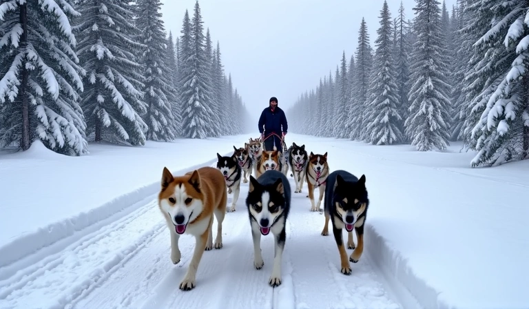 Iditarod Trail Sled Dog Race during a snowy day