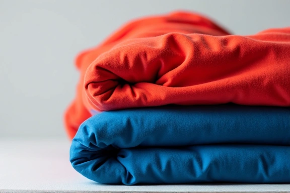 A neatly folded set of layered winter clothing: base layer, fleece, and a waterproof shell jacket.