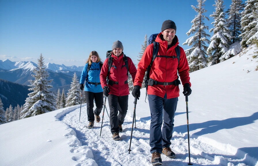 A group of hikers dressed in warm, layered winter clothing, ascending a snowy trail with trekking poles. They are smiling and appear prepared for the conditions.