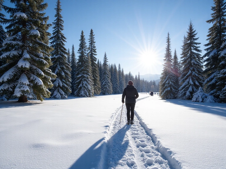 A person snowshoeing through a pristine, snow-covered forest with tall evergreen trees under a clear blue sky.