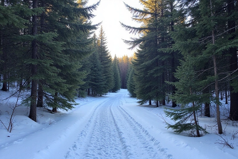 A snow-covered trail winding through a dense forest of evergreen trees in the Adirondacks, with sunlight filtering through the branches.