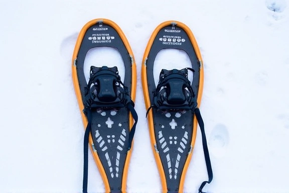 A pair of modern snowshoes with bindings, ready for use on snow.