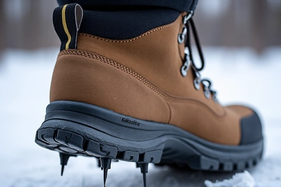 A close-up of microspikes attached to a hiking boot, showing the metal spikes for traction on ice.
