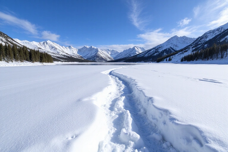 Snowshoe tracks leading through a deep layer of fresh snow towards a frozen lake surrounded by snow-covered mountains in Rocky Mountain National Park.